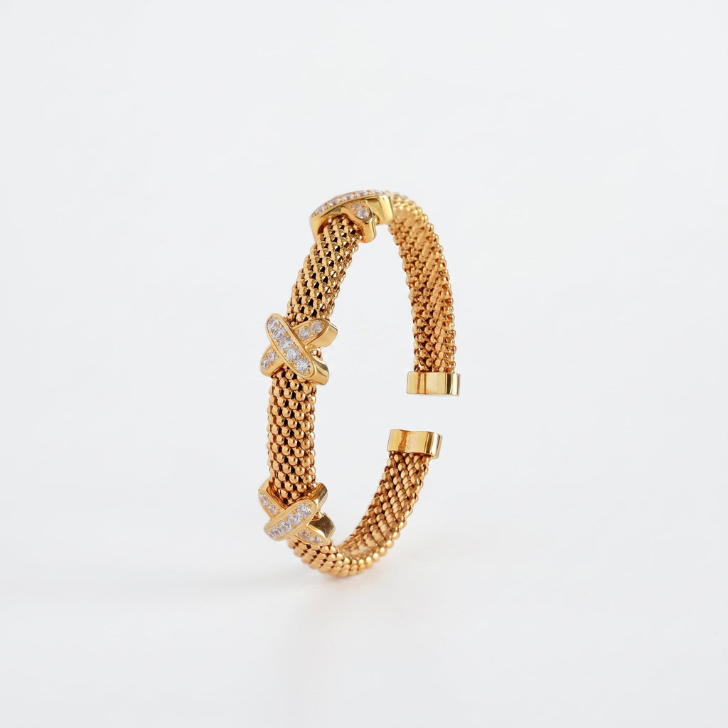 925 Silver-Plated 18K Gold Italian Popcorn Mesh Chain X-Shaped Zircon Open Bracelet