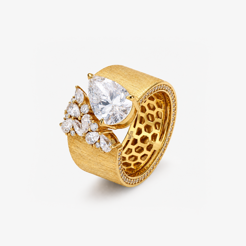Gold Brushed CZ Teardrop Ring