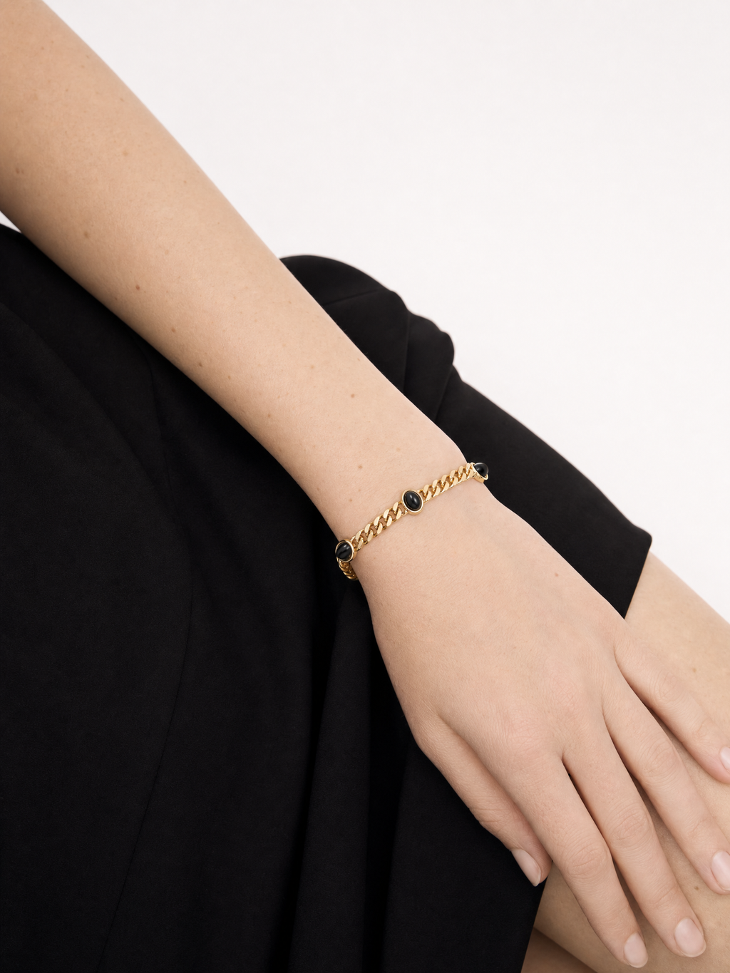 Cuban Link Bracelet with Black Oval Stones