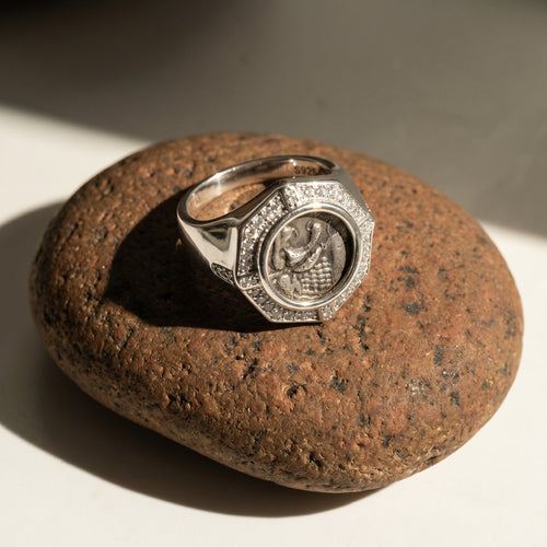 925 Silver Italian Roaring Lion Ancient Coin Diamond Ring