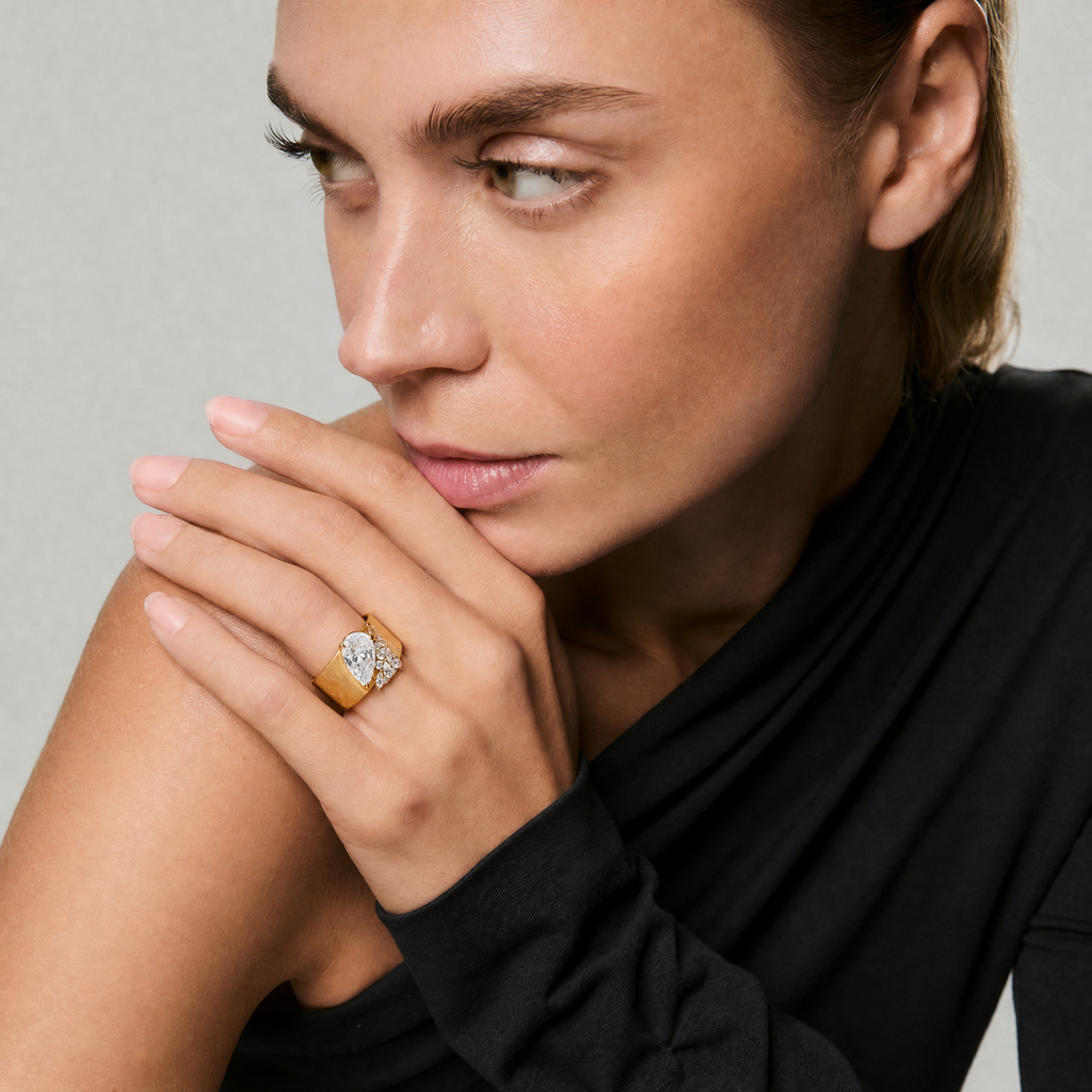 Gold Brushed CZ Teardrop Ring