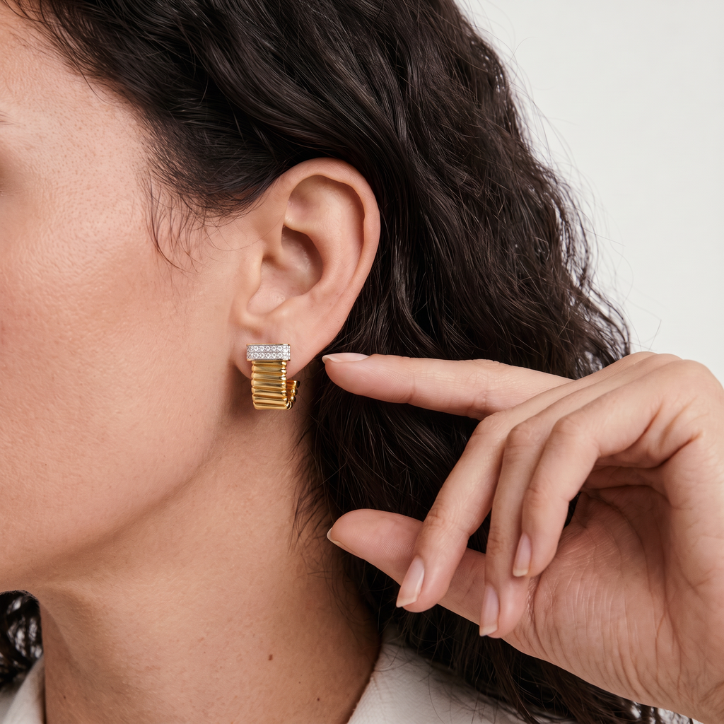 Ribbed Pavé J-Stud Earrings