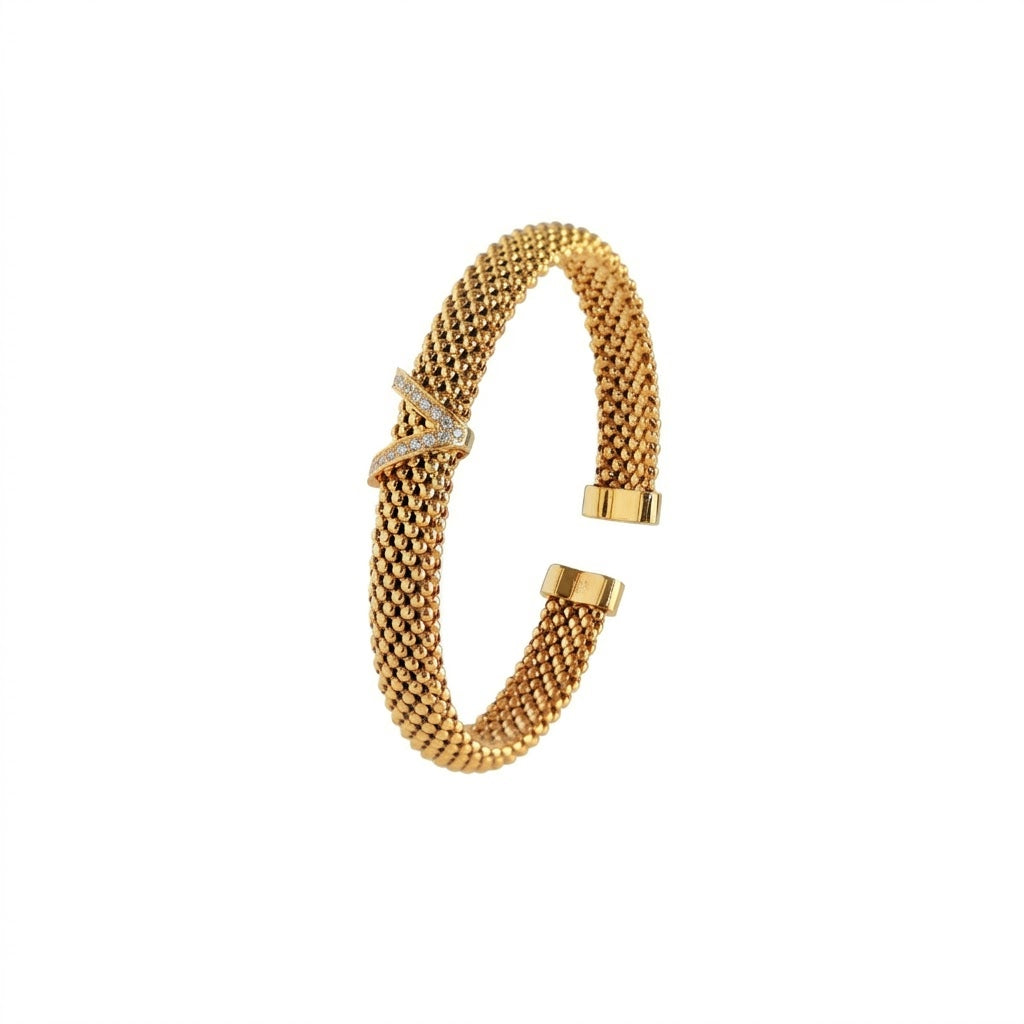 925 Silver Plated 18K Gold Italian Popcorn Mesh Chain V-Shaped Zircon Open Bracelet