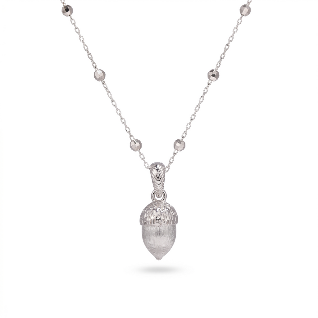 Silver Textured Acorn Pendant Necklace