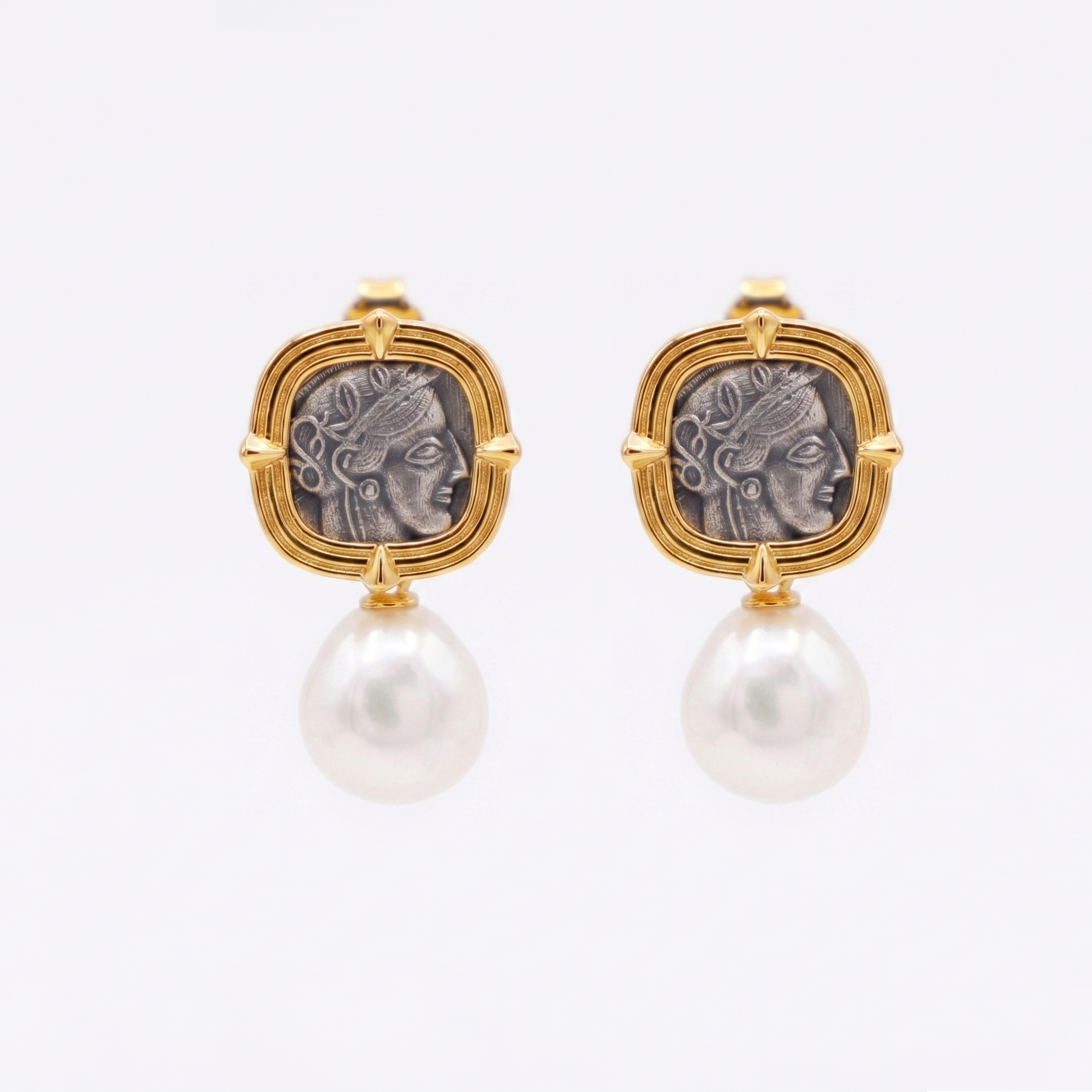 Athena Coin Pearl Drop Earrings