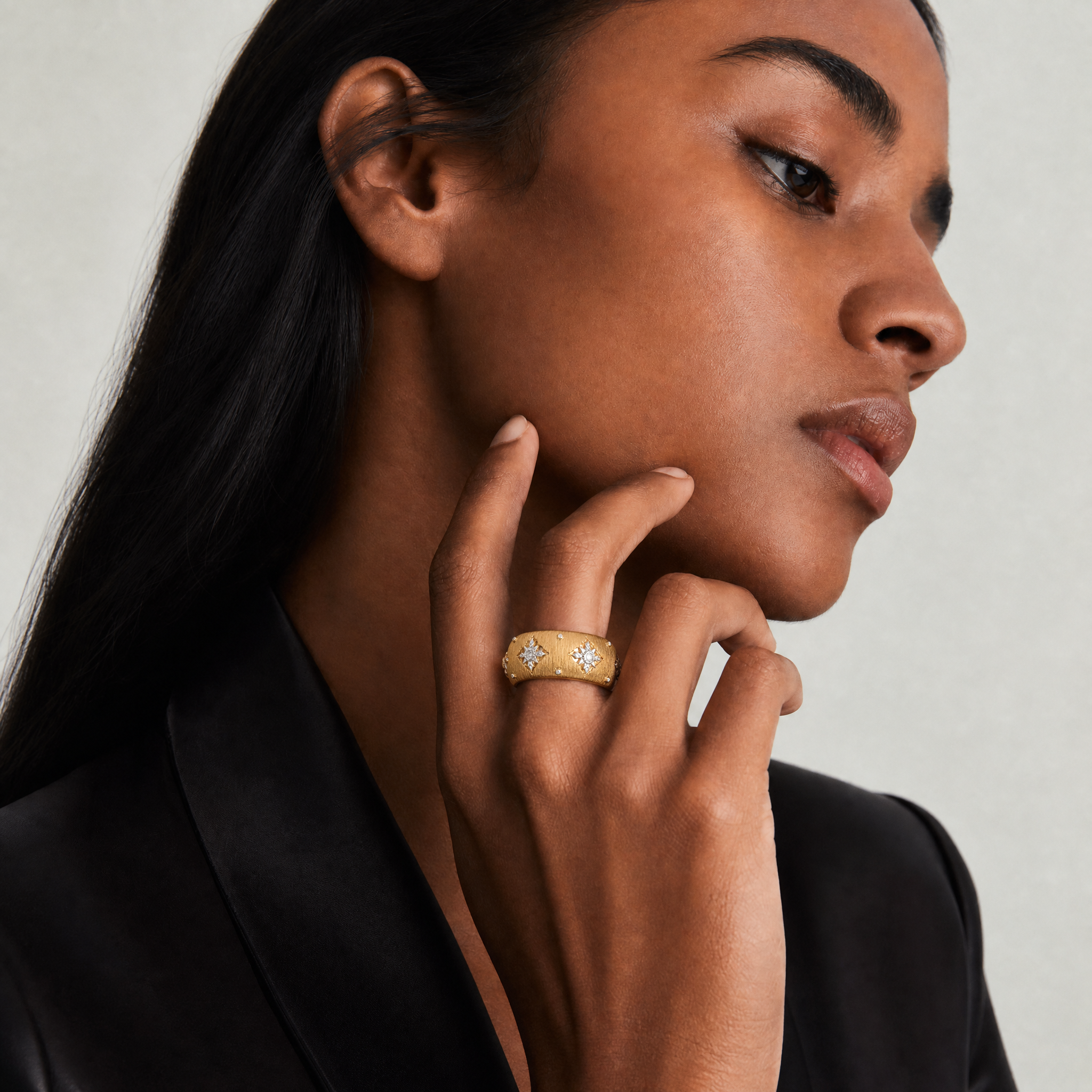 Florentine Star Flower Textured Wide Band Ring