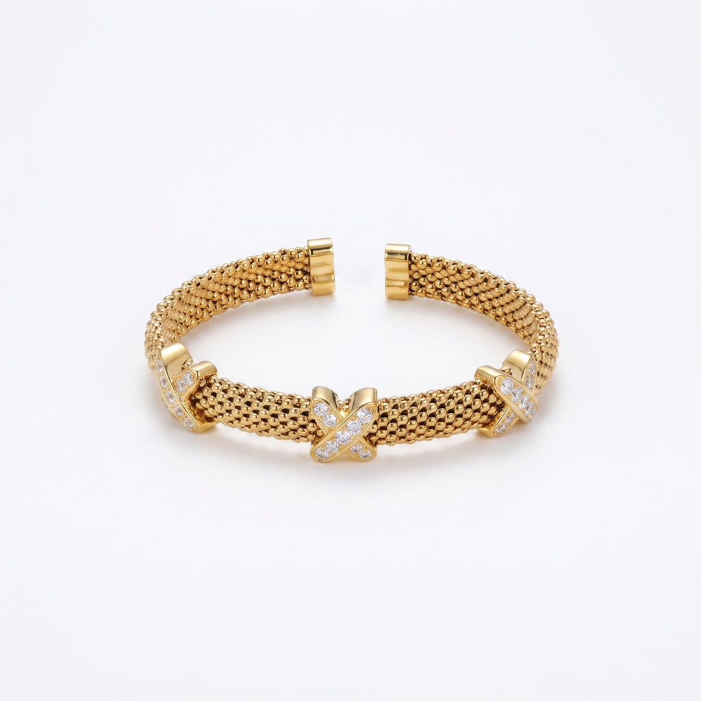 925 Silver-Plated 18K Gold Italian Popcorn Mesh Chain X-Shaped Zircon Open Bracelet
