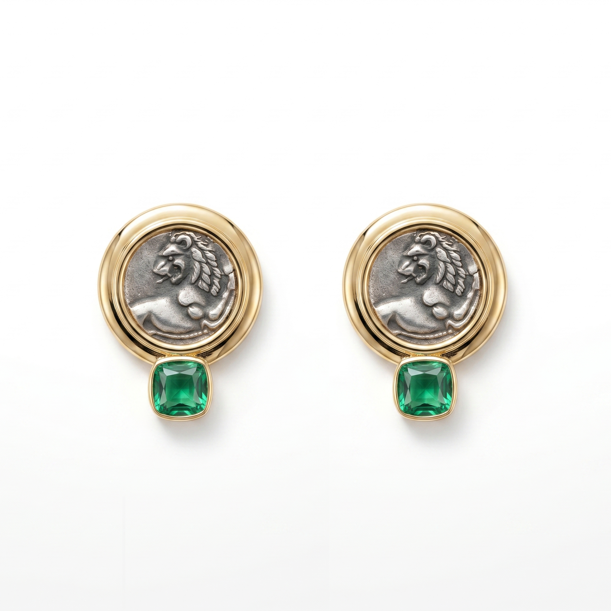 Lion Coin Emerald Drop Earrings