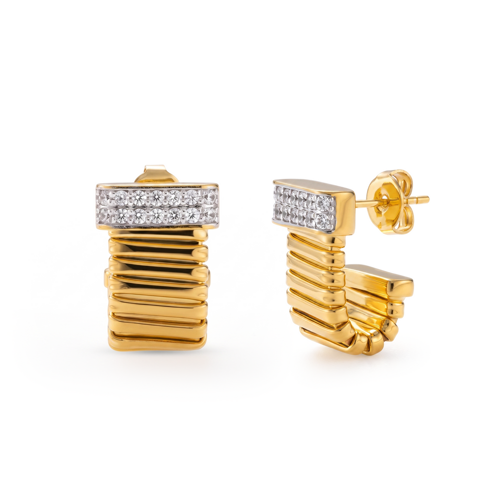 Ribbed Pavé J-Stud Earrings